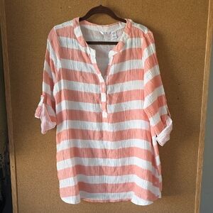 KAKTUS Pink White Crinkle Cotton Striped Beach Top XL Boho Lightweight Tunic